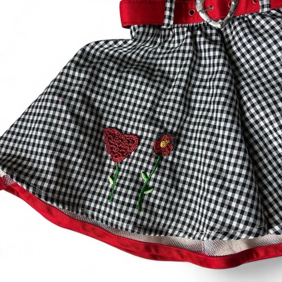 Vintage Gingham Skirt 3T Black & White with Red Heart Belt & Embroidered Flowers - Picture 3 of 8